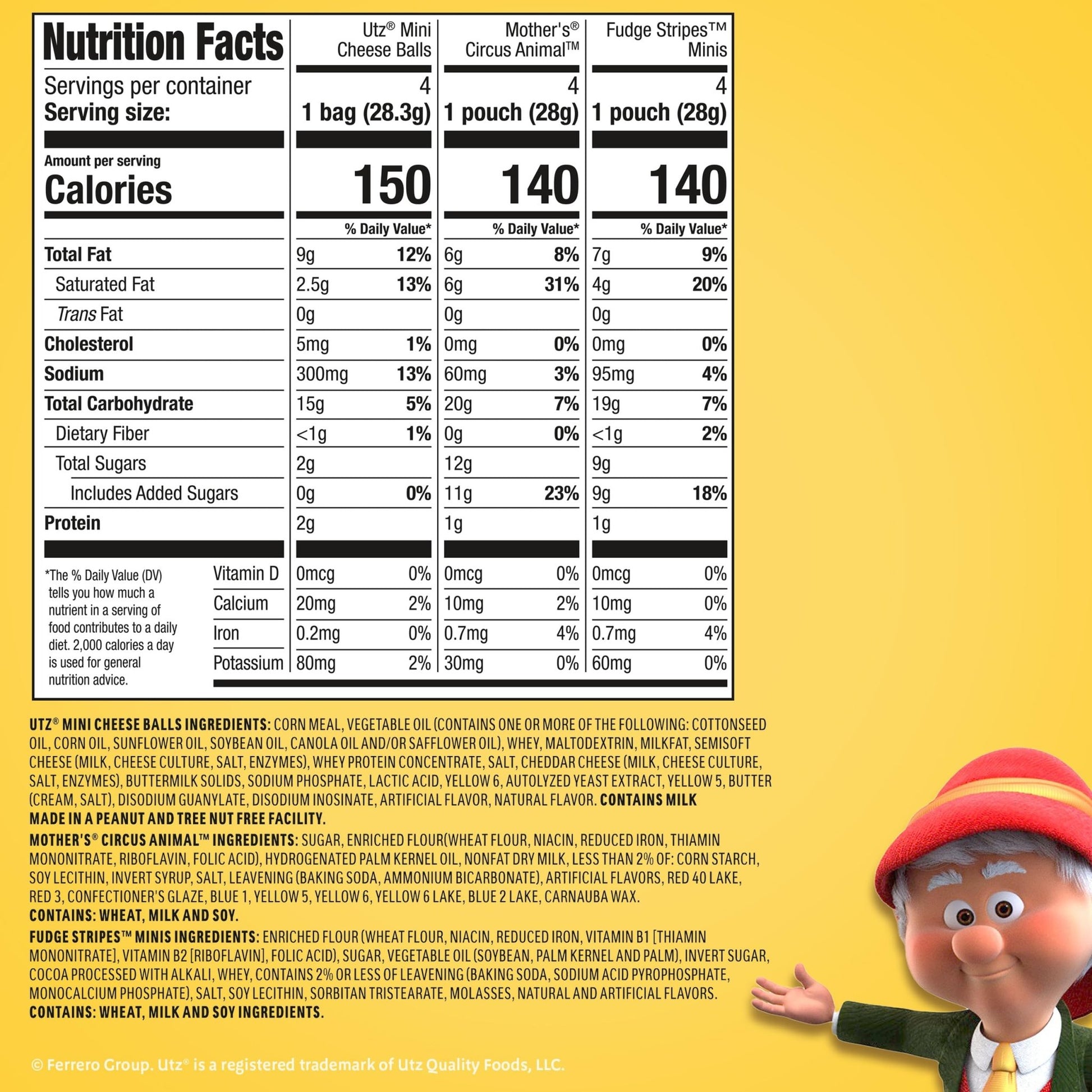 Keebler Sweet & Salty Mix, Keebler Fudge Stripes, Mother's Circus Animals, Utz Mini Cheese Balls, 1 Oz. (Pack of 12) - Fresh Hearth