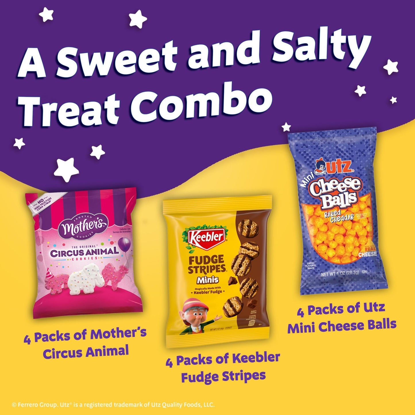 Keebler Sweet & Salty Mix, Keebler Fudge Stripes, Mother's Circus Animals, Utz Mini Cheese Balls, 1 Oz. (Pack of 12) - Fresh Hearth