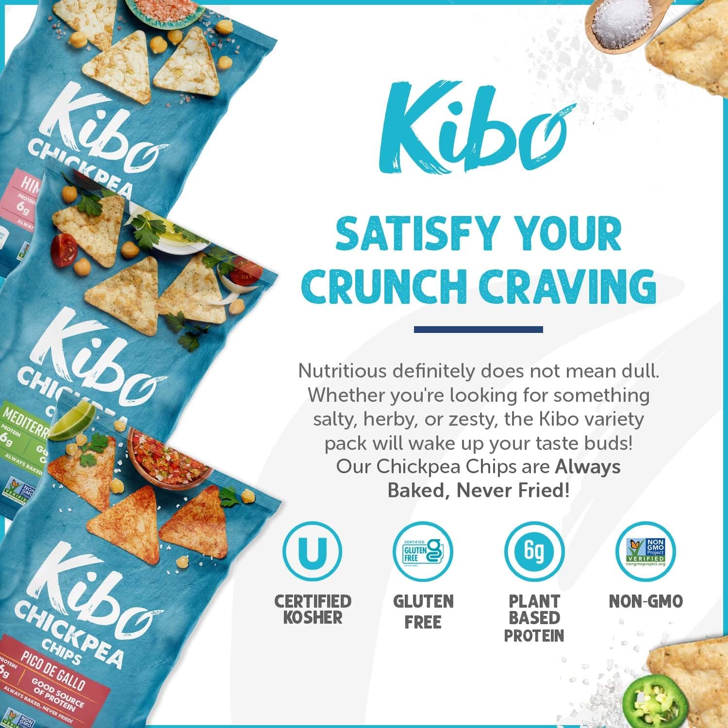 Kibo Chickpea Chips 3 Flavor Variety Pack - High Protein - Fiber, Plant - Based, Gluten - Free, Non - GMO, Vegan, Made with Real Veggies - 1 oz, 12 Pack - Fresh Hearth