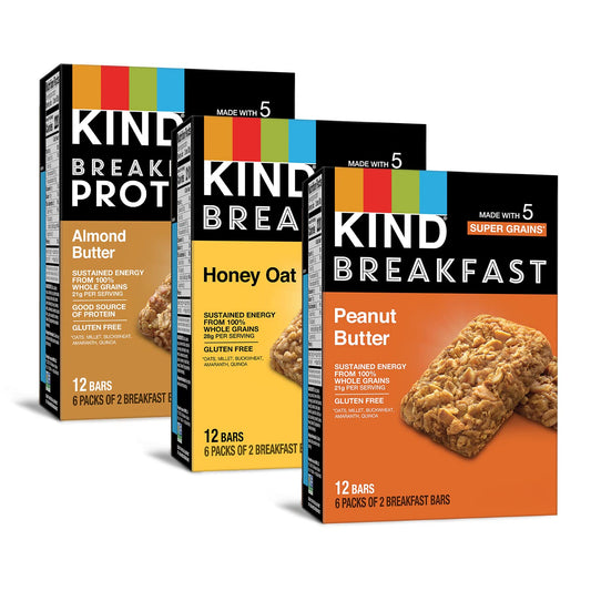 KIND Breakfast Bars, Variety Pack, Honey Oat, Almond Butter, and Peanut Butter, Healthy Snacks, Gluten Free, 3 - 8g Protein, 18 Count - Fresh Hearth