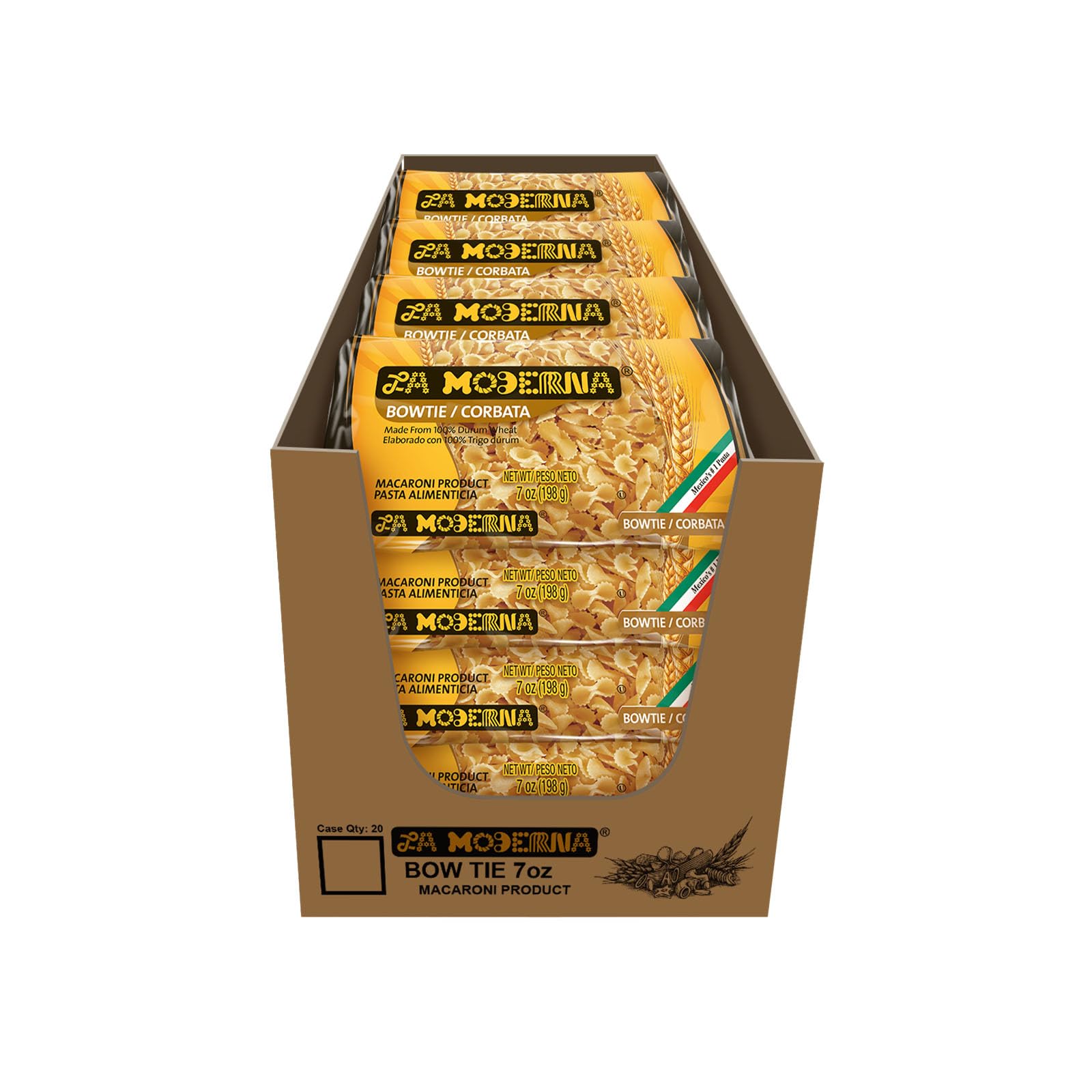 LA MODERNA, Corbata, Pasta, Hecha con Sémola de Trigo Durum, Enriquecida con Vitaminas y Hierro, 7 oz, Pack de 20 - Fresh Hearth