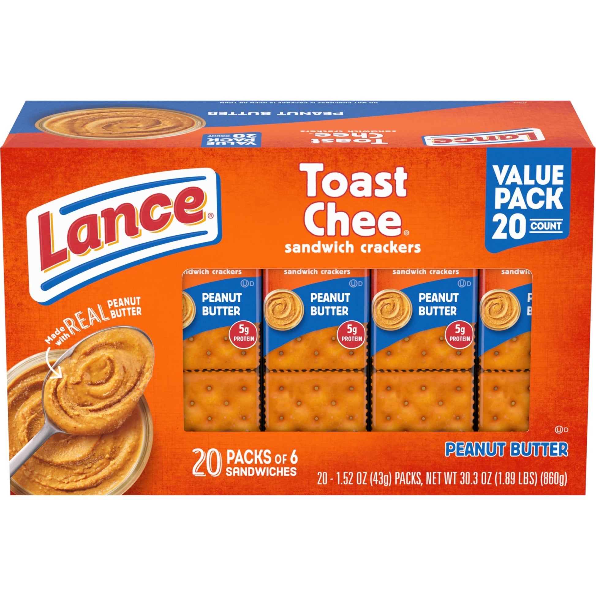 Lance Sandwich Crackers, ToastChee Peanut Butter, 20 Individually Wrapped Packs, 6 Sandwiches Each - Fresh Hearth