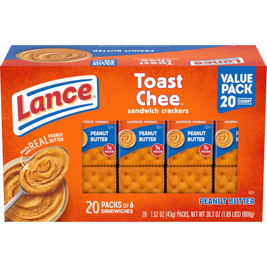 Lance Sandwich Crackers, ToastChee Peanut Butter, 20 Individually Wrapped Packs, 6 Sandwiches Each - Fresh Hearth