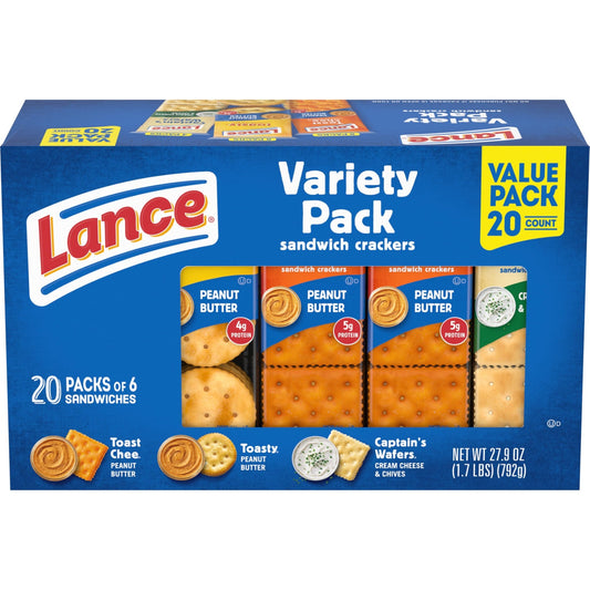 Lance Sandwich Crackers, Variety Pack, 3 Flavors, 20 Individually Wrapped Packs, 6 Sandwiches Each - Fresh Hearth