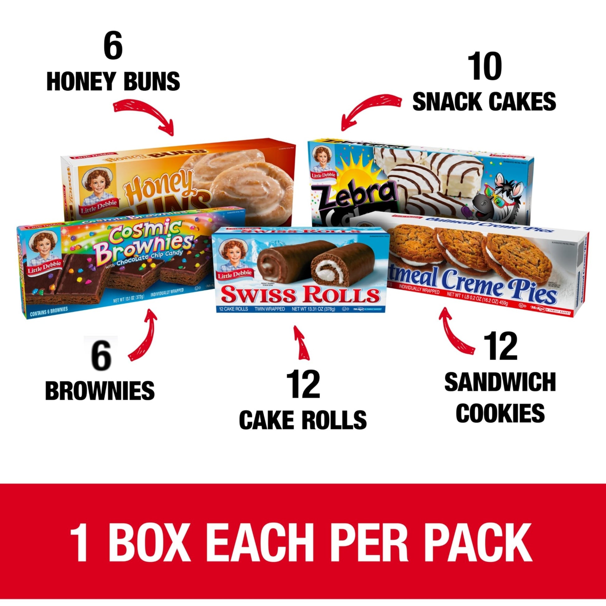 Little Debbie Variety Pack, Zebra Cakes, Cosmic Brownies, Honey Buns, Oatmeal Creme Pies, and Swiss Rolls (1 Box Each), 48 Piece Assortment - Fresh Hearth