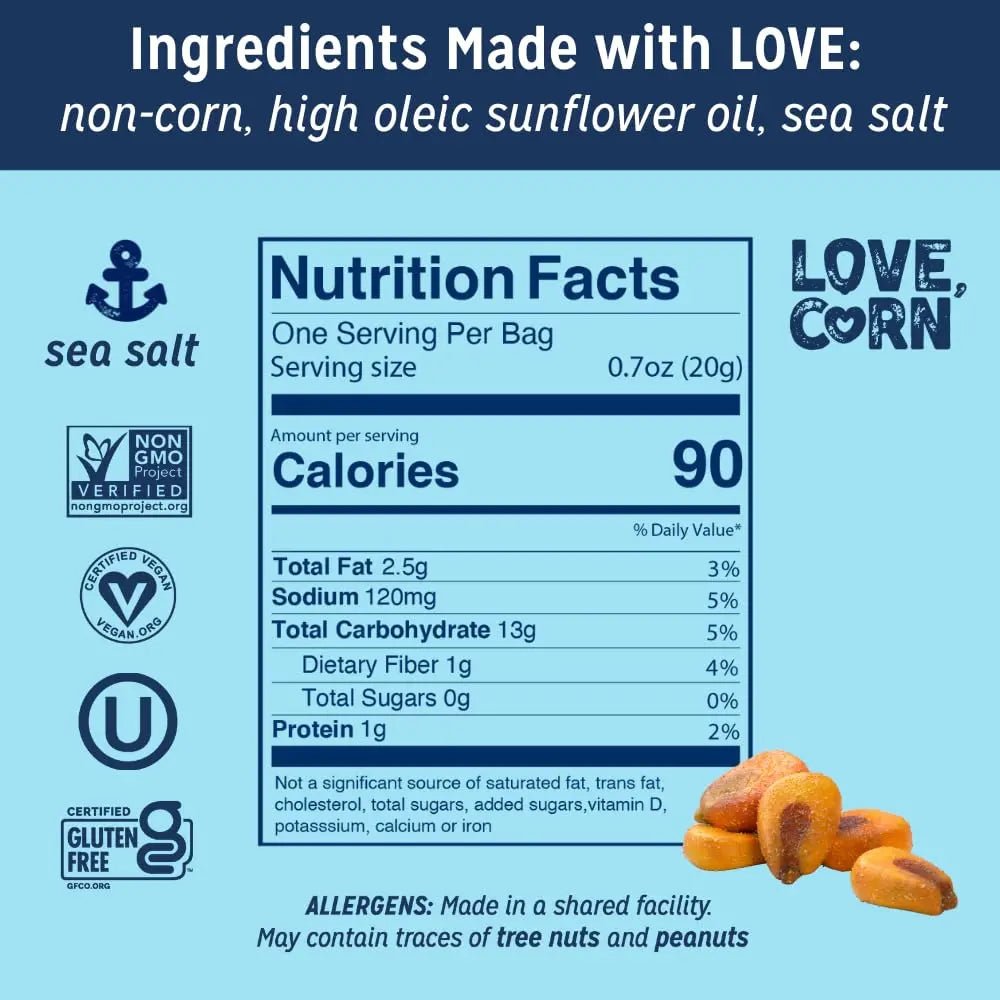 LOVE CORN Sea Salt 0.7oz x 20 Bags - Delicious Crunchy Corn - Healthy Family Snacks - Gluten Free, Kosher, NON - GMO - Alternative for Chips, Nuts, Crackers & Pretzels - Perfect for Charcuterie Boards - Fresh Hearth