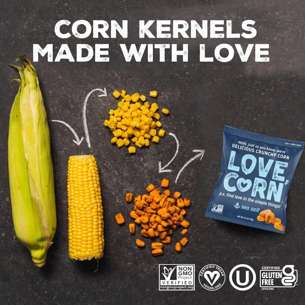 LOVE CORN Sea Salt 0.7oz x 20 Bags - Delicious Crunchy Corn - Healthy Family Snacks - Gluten Free, Kosher, NON - GMO - Alternative for Chips, Nuts, Crackers & Pretzels - Perfect for Charcuterie Boards - Fresh Hearth