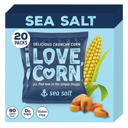 LOVE CORN Sea Salt 0.7oz x 20 Bags - Delicious Crunchy Corn - Healthy Family Snacks - Gluten Free, Kosher, NON - GMO - Alternative for Chips, Nuts, Crackers & Pretzels - Perfect for Charcuterie Boards - Fresh Hearth
