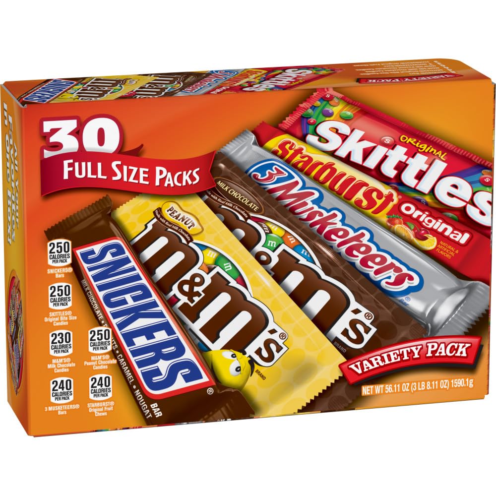 Mars M&M'S, SNICKERS, 3 MUSKETEERS, SKITTLES & STARBURST Variety Pack Full Size Bulk Candy Assortment, 56.11 oz, 30 Count - Fresh Hearth