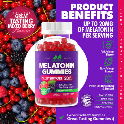 Melatonin 20mg Gummies for Adults (120 Count) - Maximum Strength Sleep Aid with 10mg of Melatonin Per Gummy - Gluten - Free, Non - GMO, Vegetarian, Great Tasting Mixed Berry Flavor - 60 Servings - Fresh Hearth
