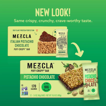 Mezcla Puff Mix Crispy Protein Bars, Gluten Free & Vegan Protein Bars, 10g Protein, Alt for Pistachio Dubai Chocolate Bar, Granola Bars & Breakfast Bars, Healthy Snacks for Adults, Pistachio Chocolate, 12 Pack - Fresh Hearth