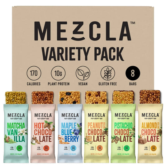 Mezcla Vegan Chocolate Bars High Protein Bars, Gluten Free, Plant Based, Non GMO, No Dairy, 10g Protein, Healthy Snacks, Mixed Flavor Variety Pack (8 Bars) - Fresh Hearth