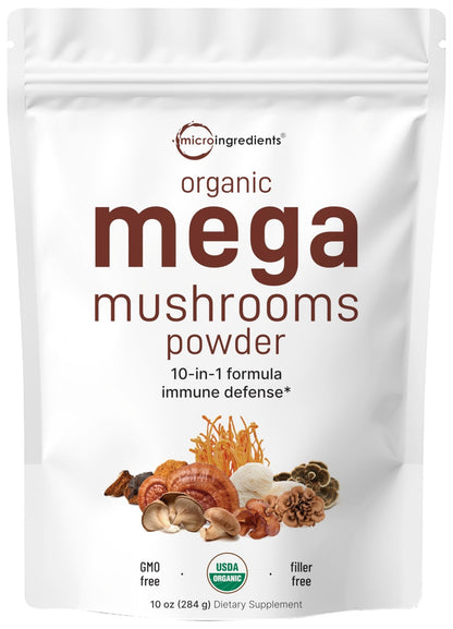 Micro Ingredients Organic Mega Mushroom Powder,10 Ounce (284 Days Supply) | 10 in 1 Complex Formula for Immune System Booster | Chaga, Lions Mane, Cordyceps, Reishi & More | Filler Free, Vegan - Fresh Hearth