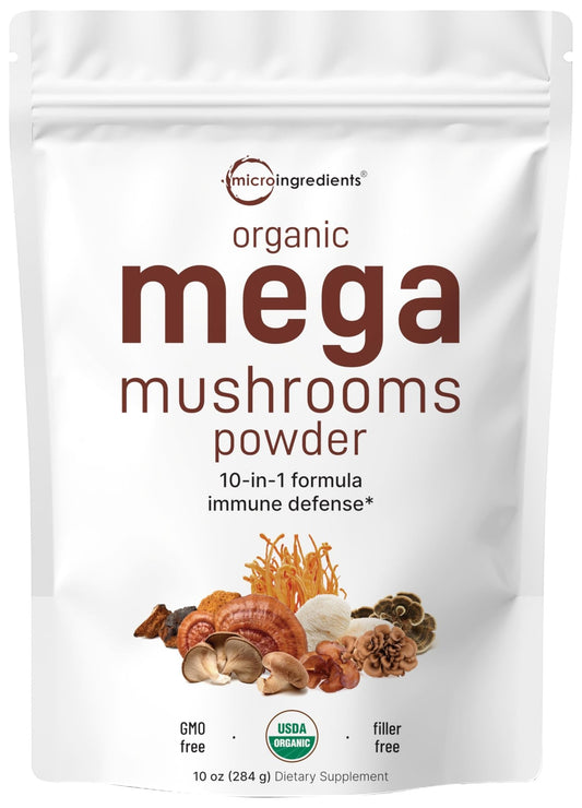 Micro Ingredients Organic Mega Mushroom Powder,10 Ounce (284 Days Supply) | 10 in 1 Complex Formula for Immune System Booster | Chaga, Lions Mane, Cordyceps, Reishi & More | Filler Free, Vegan - Fresh Hearth