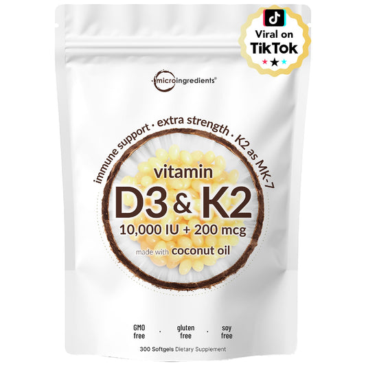 Micro Ingredients Vitamin D3 10,000 IU + K2 MK - 7 200 mcg, 300 Softgels | Virgin Coconut Oil | 2 - in - 1 Bone, Immune & Heart Support | Easy to Swallow, Non - GMO - Fresh Hearth