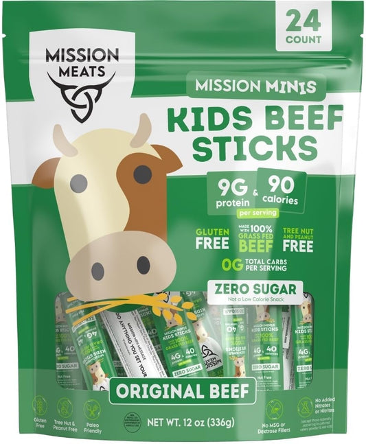 Mission Meats Kids Beef Sticks – 100% Grass Fed & Pasture Raised, Healthy Snacks for Kids and Toddlers, Gluten & Nut Free, Non - GMO, 0.5oz, 24 Count (Pack of 1) - Fresh Hearth
