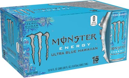 Monster Energy Ultra Blue Hawaiian, Sugar Free Energy Drink, 16 Ounce (Pack of 15) - Fresh Hearth