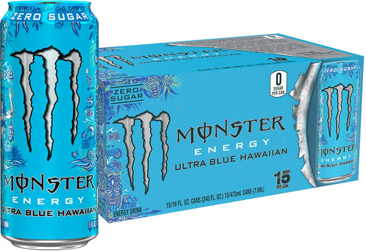 Monster Energy Ultra Blue Hawaiian, Sugar Free Energy Drink, 16 Ounce (Pack of 15) - Fresh Hearth