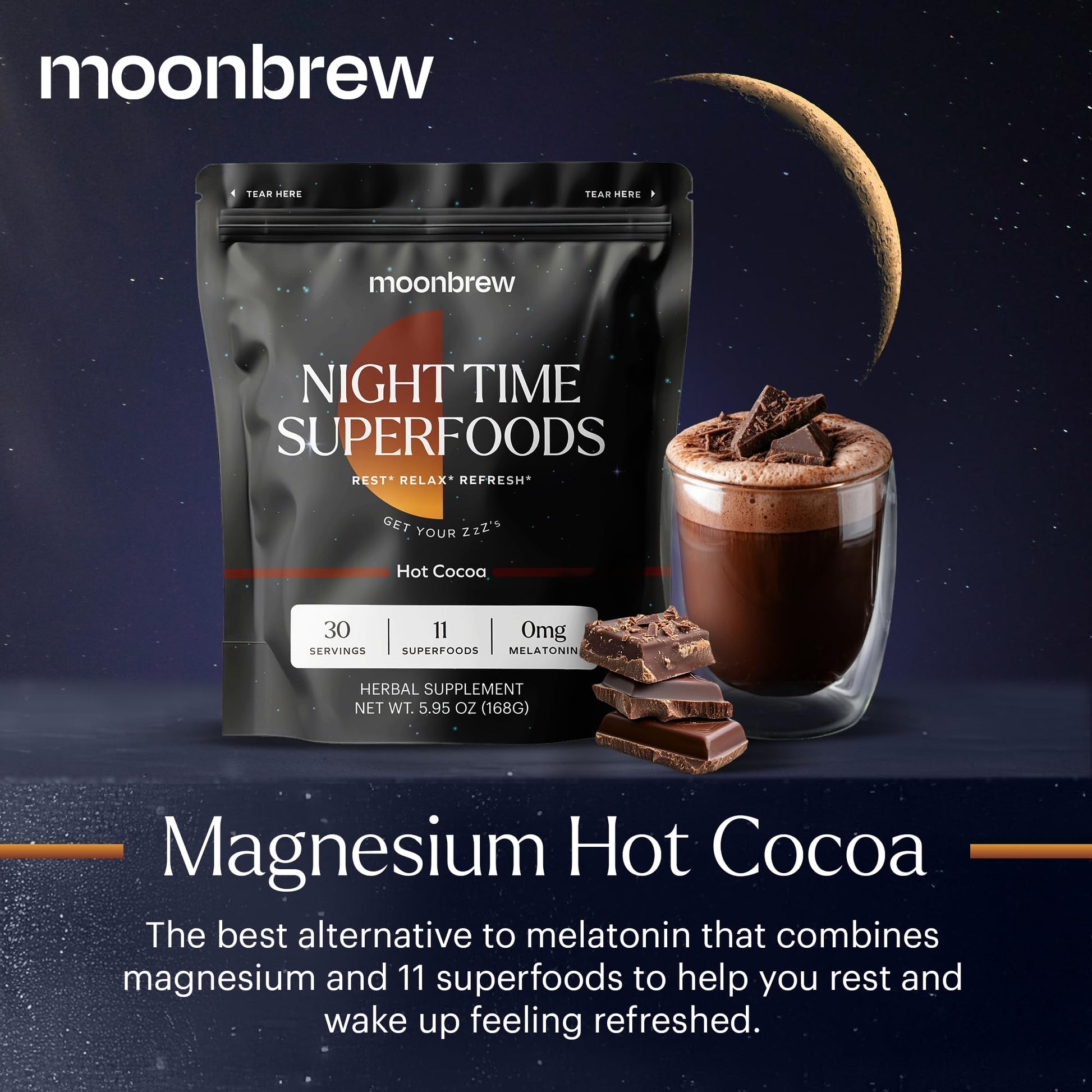 MoonBrew Nighttime Magnesium Hot Cocoa, Natural Sleep Aid Drink Mix for Adults - Calming Melatonin - Free Sleep Support - Sleepy Hot Chocolate Powder with L - Theanine, Chamomile & Zinc Glycinate - Fresh Hearth