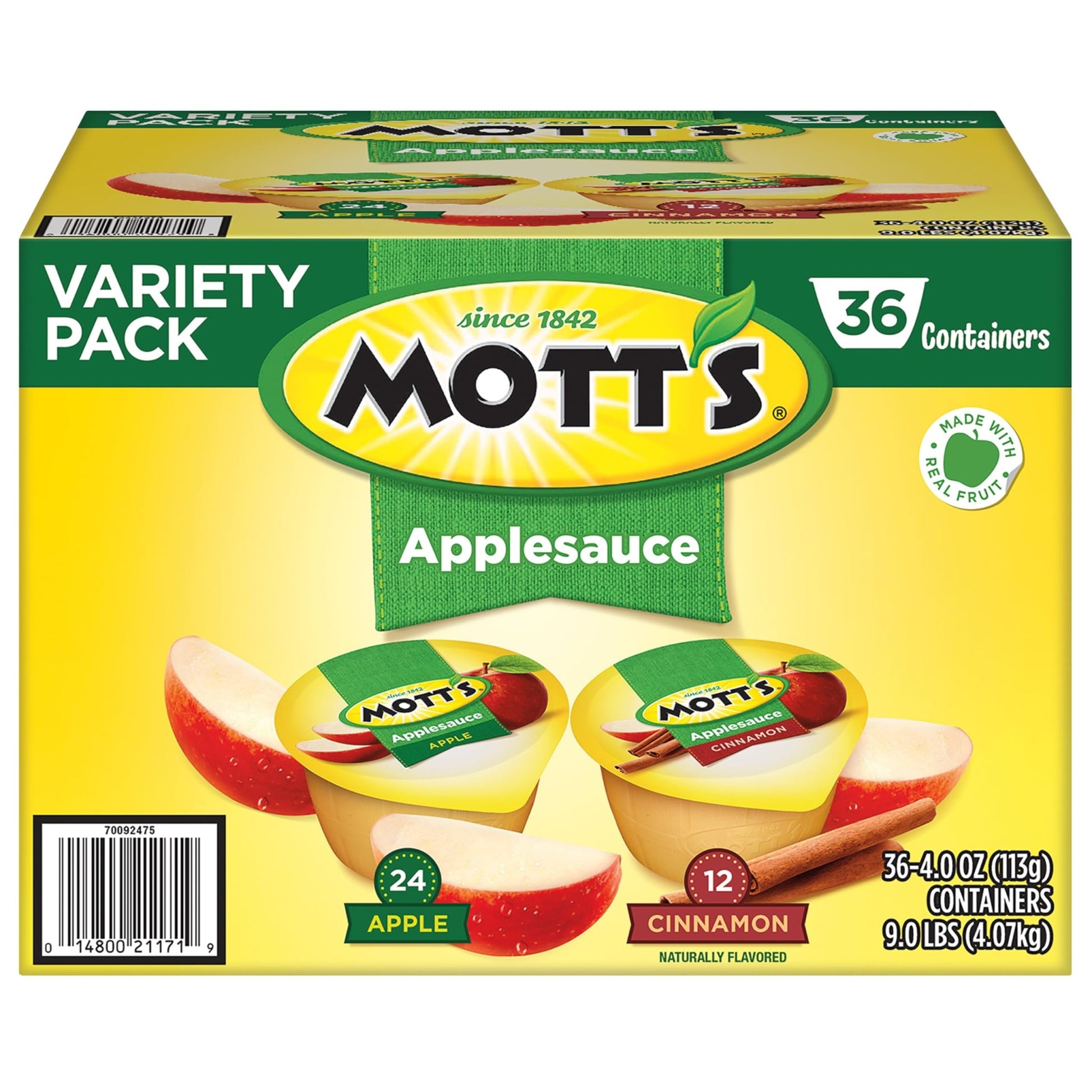 Mott's Apple & Cinnamon Variety Pack Applesauce, 4 oz cups, 36 count, No Artificial Flavors, Good Source Of Vitamin C, Nutritious Option For The Whole Family - Fresh Hearth