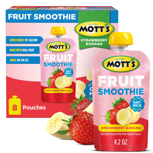 Mott’s Fruit Smoothies Strawberry Banana, 4.2 oz clear pouches, 8 Pack, Non - dairy, Made With Oatmilk, Made With Real Fruit, Good Source of Calcium, On - the - Go - Fresh Hearth