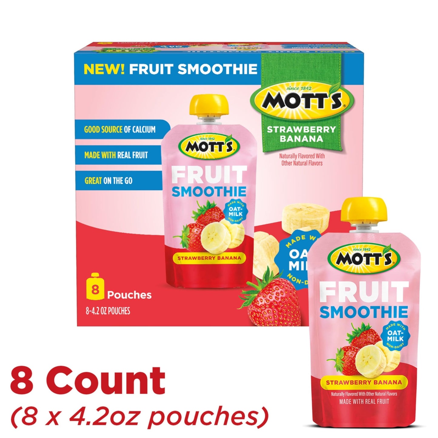 Mott’s Fruit Smoothies Strawberry Banana, 4.2 oz clear pouches, 8 Pack, Non - dairy, Made With Oatmilk, Made With Real Fruit, Good Source of Calcium, On - the - Go - Fresh Hearth