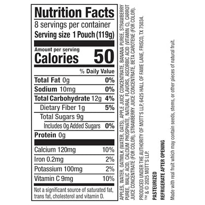 Mott’s Fruit Smoothies Strawberry Banana, 4.2 oz clear pouches, 8 Pack, Non - dairy, Made With Oatmilk, Made With Real Fruit, Good Source of Calcium, On - the - Go - Fresh Hearth