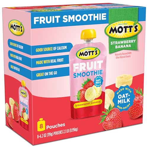 Mott’s Fruit Smoothies Strawberry Banana, 4.2 oz clear pouches, 8 Pack, Non - dairy, Made With Oatmilk, Made With Real Fruit, Good Source of Calcium, On - the - Go - Fresh Hearth