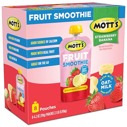 Mott’s Fruit Smoothies Strawberry Banana, 4.2 oz clear pouches, 8 Pack, Non - dairy, Made With Oatmilk, Made With Real Fruit, Good Source of Calcium, On - the - Go - Fresh Hearth