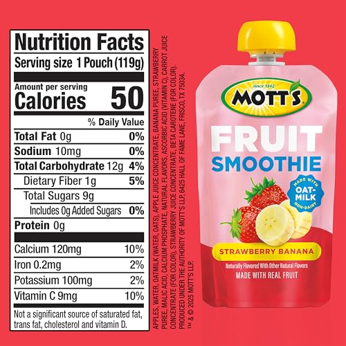 Mott’s Fruit Smoothies Strawberry Banana, 4.2 oz clear pouches, 8 Pack, Non - dairy, Made With Oatmilk, Made With Real Fruit, Good Source of Calcium, On - the - Go - Fresh Hearth