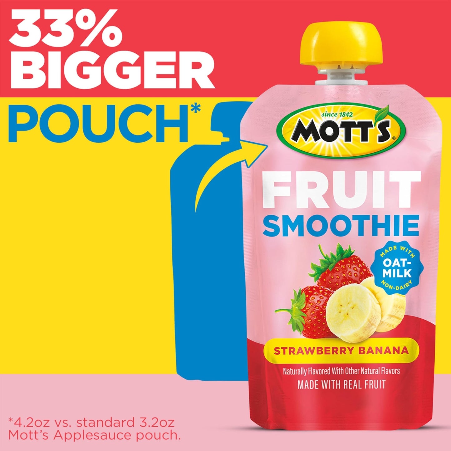 Mott’s Fruit Smoothies Strawberry Banana, 4.2 oz clear pouches, 8 Pack, Non - dairy, Made With Oatmilk, Made With Real Fruit, Good Source of Calcium, On - the - Go - Fresh Hearth