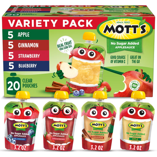 Mott's No Sugar Added Applesauce Variety Pack, 4 Flavors – Apple, Strawberry, Cinnamon & Blueberry, Made from Real Fruit, No Artificial Flavors, 3.2 Clear Pouches, 20 Pack - Fresh Hearth