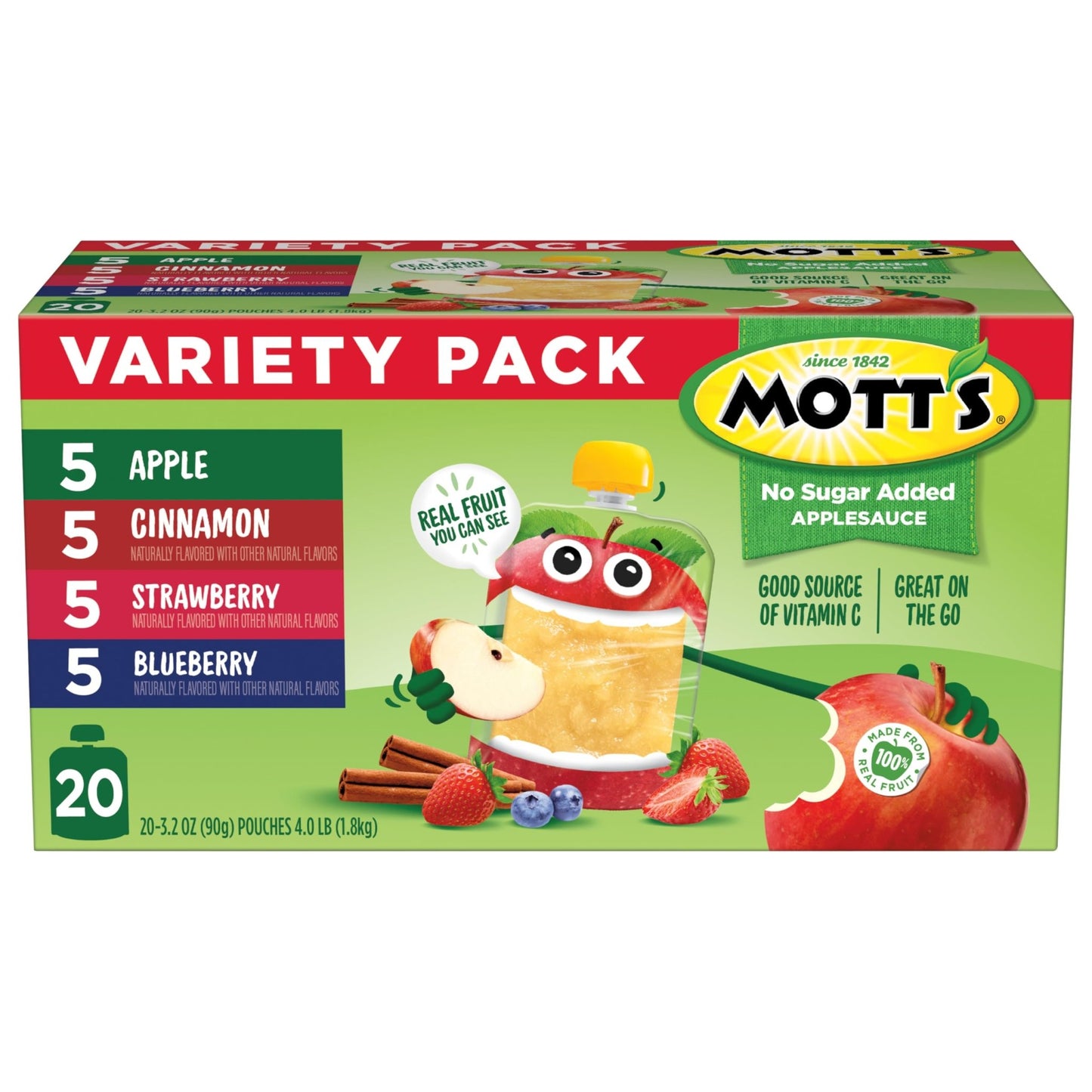 Mott's No Sugar Added Applesauce Variety Pack, 4 Flavors – Apple, Strawberry, Cinnamon & Blueberry, Made from Real Fruit, No Artificial Flavors, 3.2 Clear Pouches, 20 Pack - Fresh Hearth