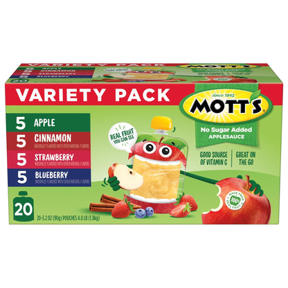 Mott's No Sugar Added Applesauce Variety Pack, 4 Flavors – Apple, Strawberry, Cinnamon & Blueberry, Made from Real Fruit, No Artificial Flavors, 3.2 Clear Pouches, 20 Pack - Fresh Hearth