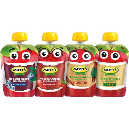 Mott's No Sugar Added Applesauce Variety Pack, 4 Flavors – Apple, Strawberry, Cinnamon & Blueberry, Made from Real Fruit, No Artificial Flavors, 3.2 Clear Pouches, 20 Pack - Fresh Hearth