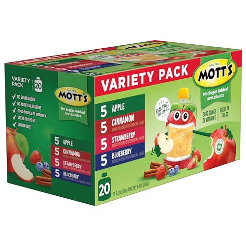 Mott's No Sugar Added Applesauce Variety Pack, 4 Flavors – Apple, Strawberry, Cinnamon & Blueberry, Made from Real Fruit, No Artificial Flavors, 3.2 Clear Pouches, 20 Pack - Fresh Hearth