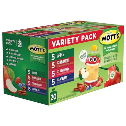 Mott's No Sugar Added Applesauce Variety Pack, 4 Flavors – Apple, Strawberry, Cinnamon & Blueberry, Made from Real Fruit, No Artificial Flavors, 3.2 Clear Pouches, 20 Pack - Fresh Hearth
