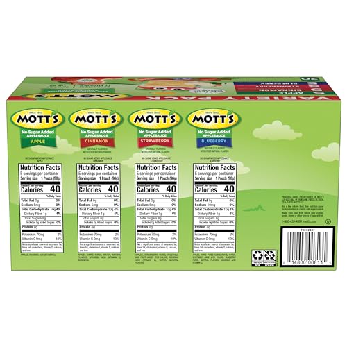 Mott's No Sugar Added Applesauce Variety Pack, 4 Flavors – Apple, Strawberry, Cinnamon & Blueberry, Made from Real Fruit, No Artificial Flavors, 3.2 Clear Pouches, 20 Pack - Fresh Hearth