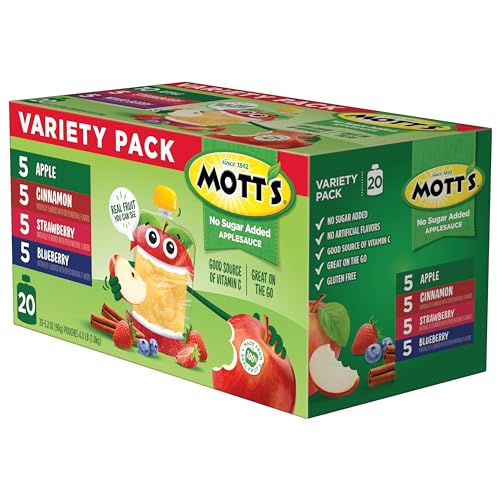 Mott's No Sugar Added Applesauce Variety Pack, 4 Flavors – Apple, Strawberry, Cinnamon & Blueberry, Made from Real Fruit, No Artificial Flavors, 3.2 Clear Pouches, 20 Pack - Fresh Hearth