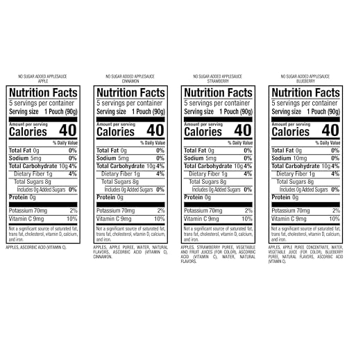 Mott's No Sugar Added Applesauce Variety Pack, 4 Flavors – Apple, Strawberry, Cinnamon & Blueberry, Made from Real Fruit, No Artificial Flavors, 3.2 Clear Pouches, 20 Pack - Fresh Hearth