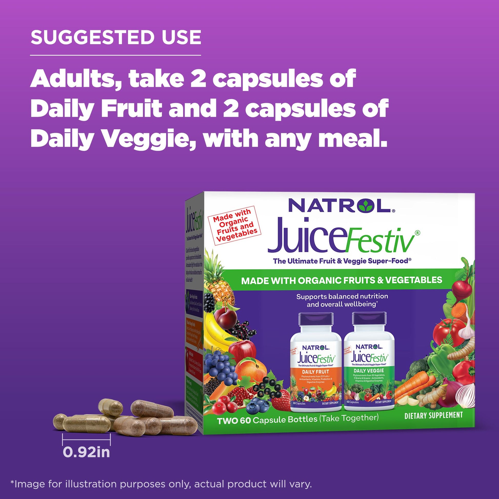 Natrol JuiceFestiv, The Ultimate Fruit and Veggie Super - Food to Support Balanced Nutrition and Overall Well - Being, Plus Antioxidants for Cellular Health, 60 Capsules (2 - Count), Up to a 30 Day Supply - Fresh Hearth