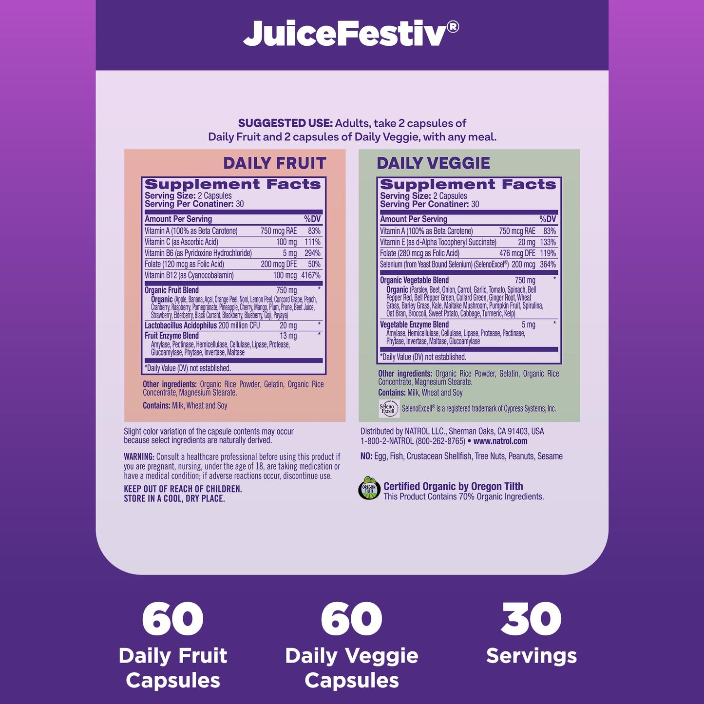 Natrol JuiceFestiv, The Ultimate Fruit and Veggie Super - Food to Support Balanced Nutrition and Overall Well - Being, Plus Antioxidants for Cellular Health, 60 Capsules (2 - Count), Up to a 30 Day Supply - Fresh Hearth