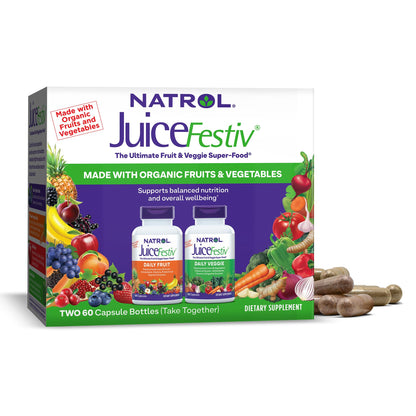 Natrol JuiceFestiv, The Ultimate Fruit and Veggie Super - Food to Support Balanced Nutrition and Overall Well - Being, Plus Antioxidants for Cellular Health, 60 Capsules (2 - Count), Up to a 30 Day Supply - Fresh Hearth
