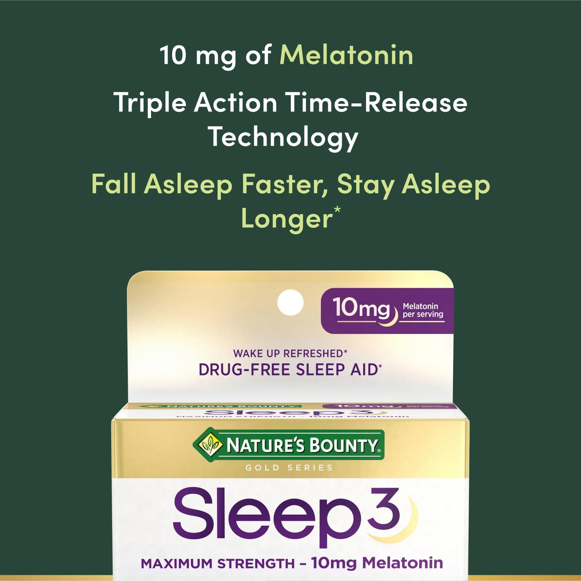 Nature’s Bounty Sleep3 Melatonin 10mg, Maximum Strength 100% Drug Free Sleep Aid, Dietary Supplement, L - Theanine & Nighttime Herbal Blend Time Release Technology, 60 Tri - Layered Tablets - Fresh Hearth