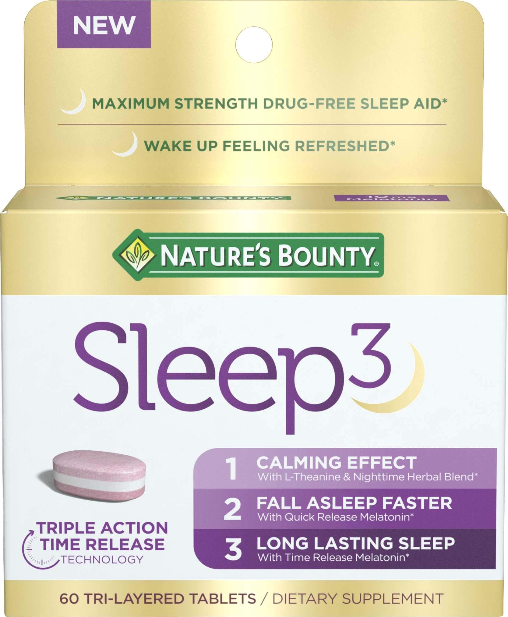 Nature’s Bounty Sleep3 Melatonin 10mg, Maximum Strength 100% Drug Free Sleep Aid, Dietary Supplement, L - Theanine & Nighttime Herbal Blend Time Release Technology, 60 Tri - Layered Tablets - Fresh Hearth