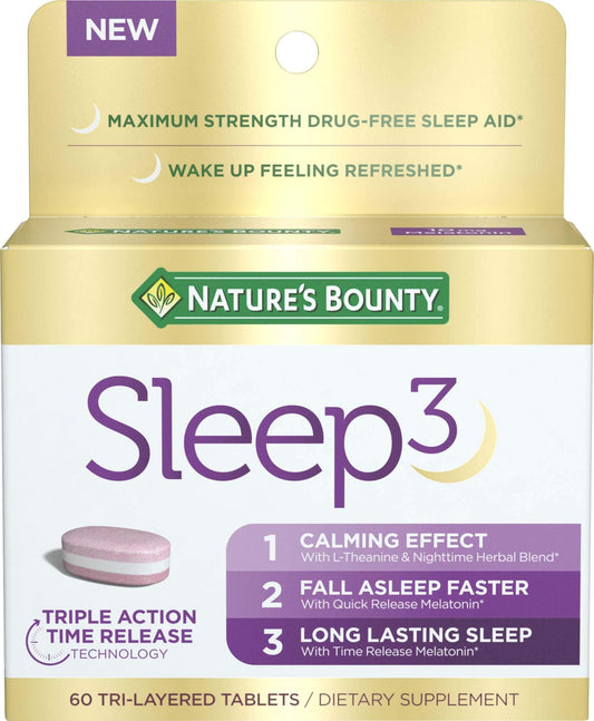 Nature’s Bounty Sleep3 Melatonin 10mg, Maximum Strength 100% Drug Free Sleep Aid, Dietary Supplement, L - Theanine & Nighttime Herbal Blend Time Release Technology, 60 Tri - Layered Tablets - Fresh Hearth