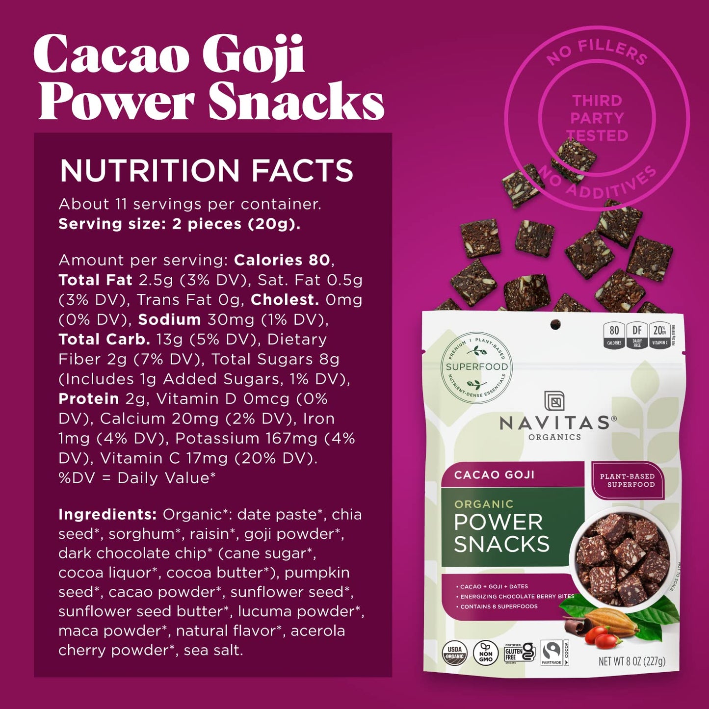 Navitas Organics Superfood Power Snacks, Cacao Goji, 8 oz. Bag, 11 Servings — Organic, Non - GMO, Gluten - Free - Fresh Hearth