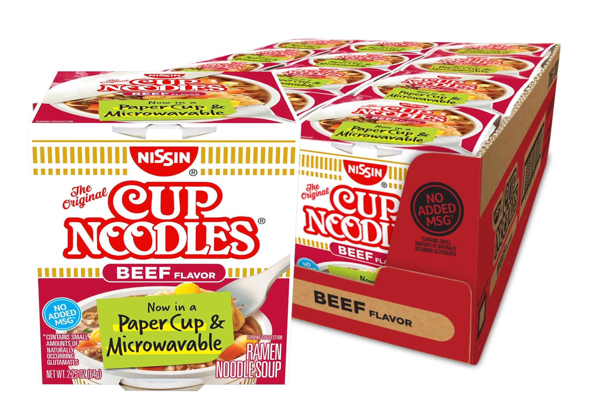 Nissin Cup Noodles Soup, Beef Flavor, Microwaveable Paper Cups, Instant Ramen, 2.25 Ounce (Pack of 12) - Fresh Hearth