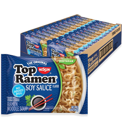 Nissin Top Ramen Noodle Soup, Soy Sauce, 3 Ounce (Pack of 24) - Fresh Hearth
