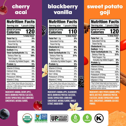 Noka Superfood Fruit Smoothie Pouches Variety Pack, Healthy Snacks with Flax Seed, Plant Protein and Prebiotic Fiber, Vegan and Gluten Free Snacks, Made in USA, Organic Squeeze Pouch, 4.22 oz, 12 Count - Fresh Hearth